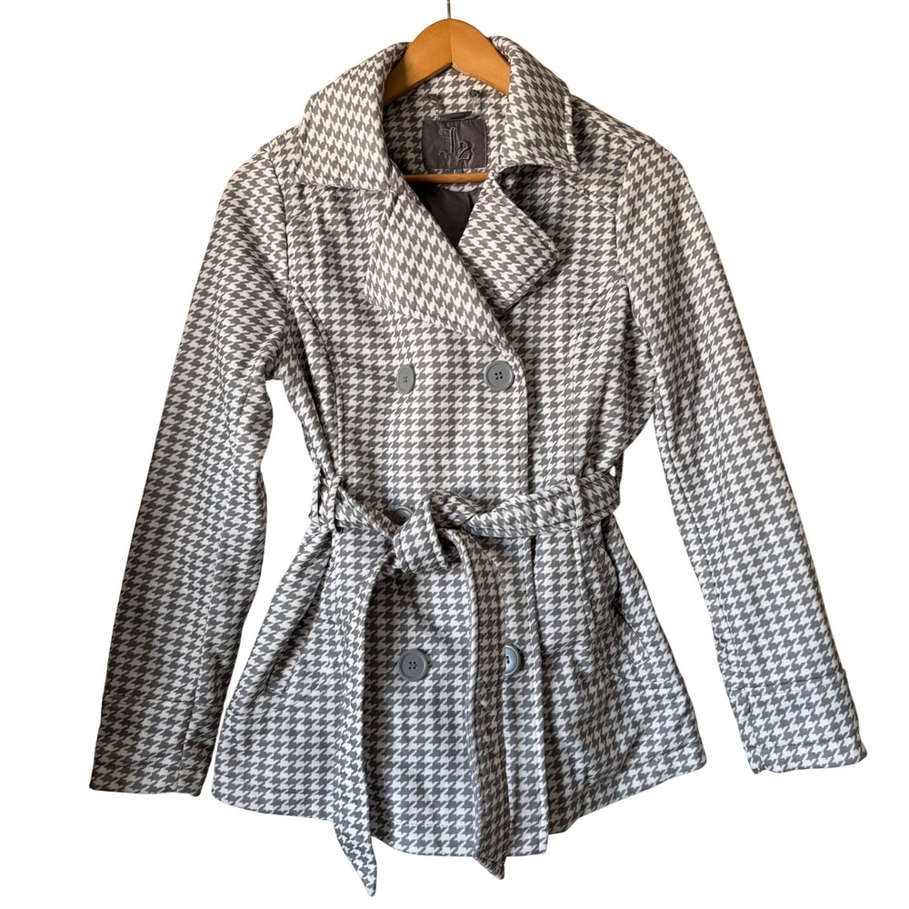 L2 Trench Coat Houndstooth Double Breasted Belted Large Gray White Preppy Chic
